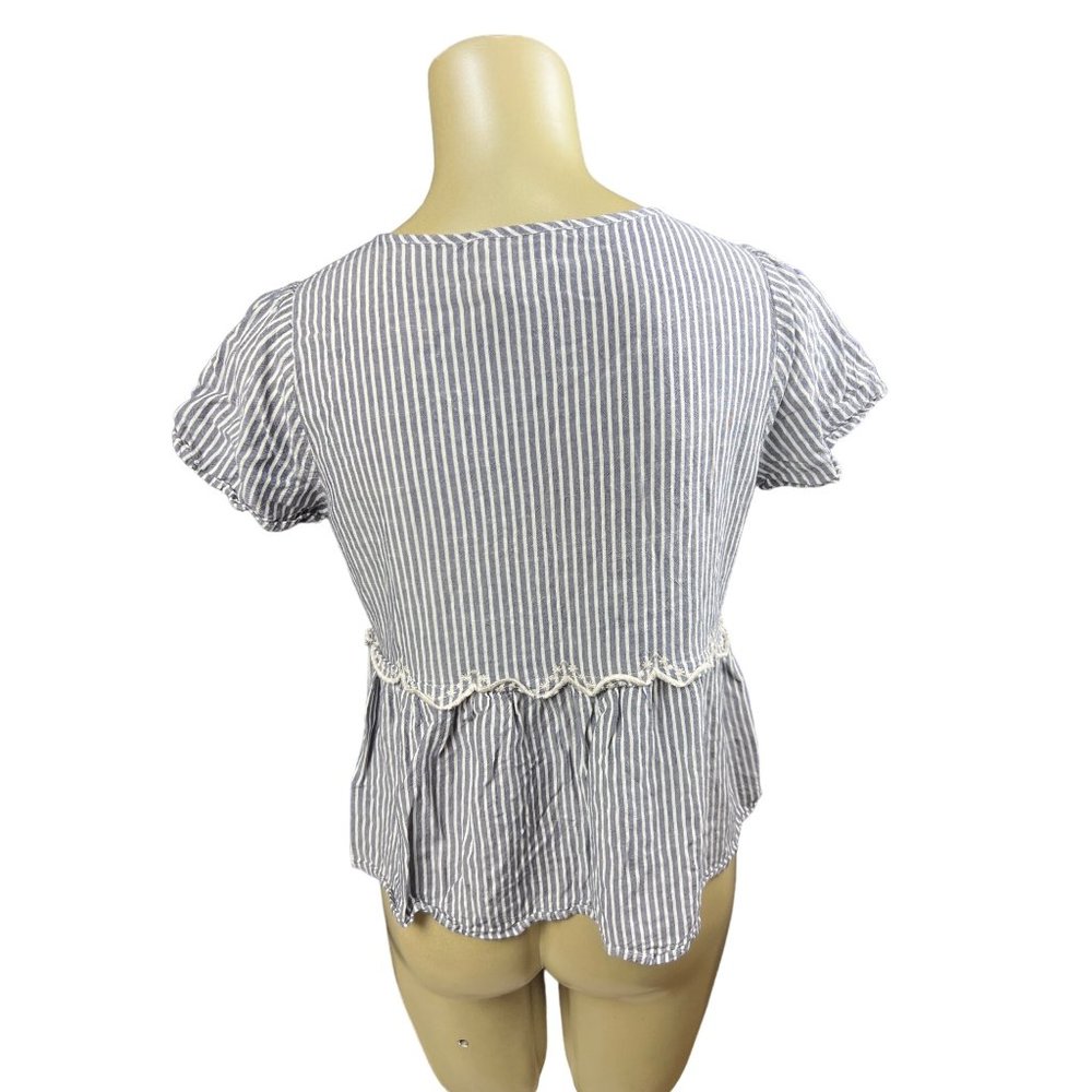 womens savanna jane small blue white stripe emroidered floral baby doll top - Picture 4 of 9
